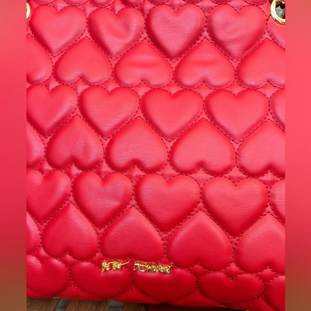 NWT-BESTY JOHNSON Red Quilted Heart Shoulder Bag Studded Straps